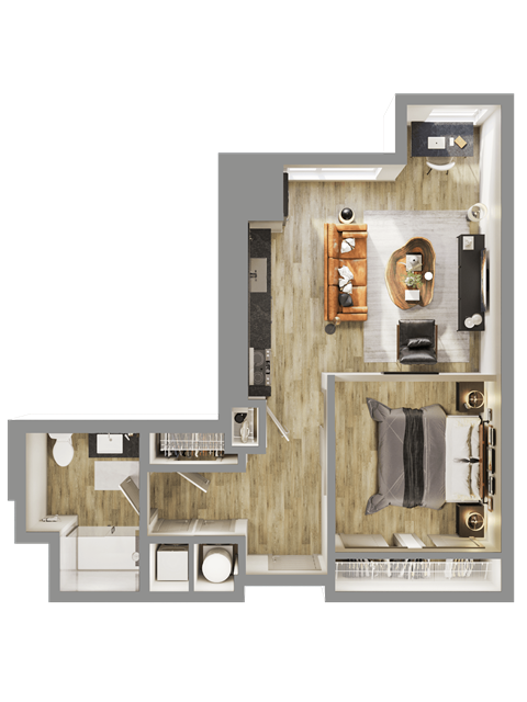 Floor plan for 1 bed, 1 bath, 652 sqft